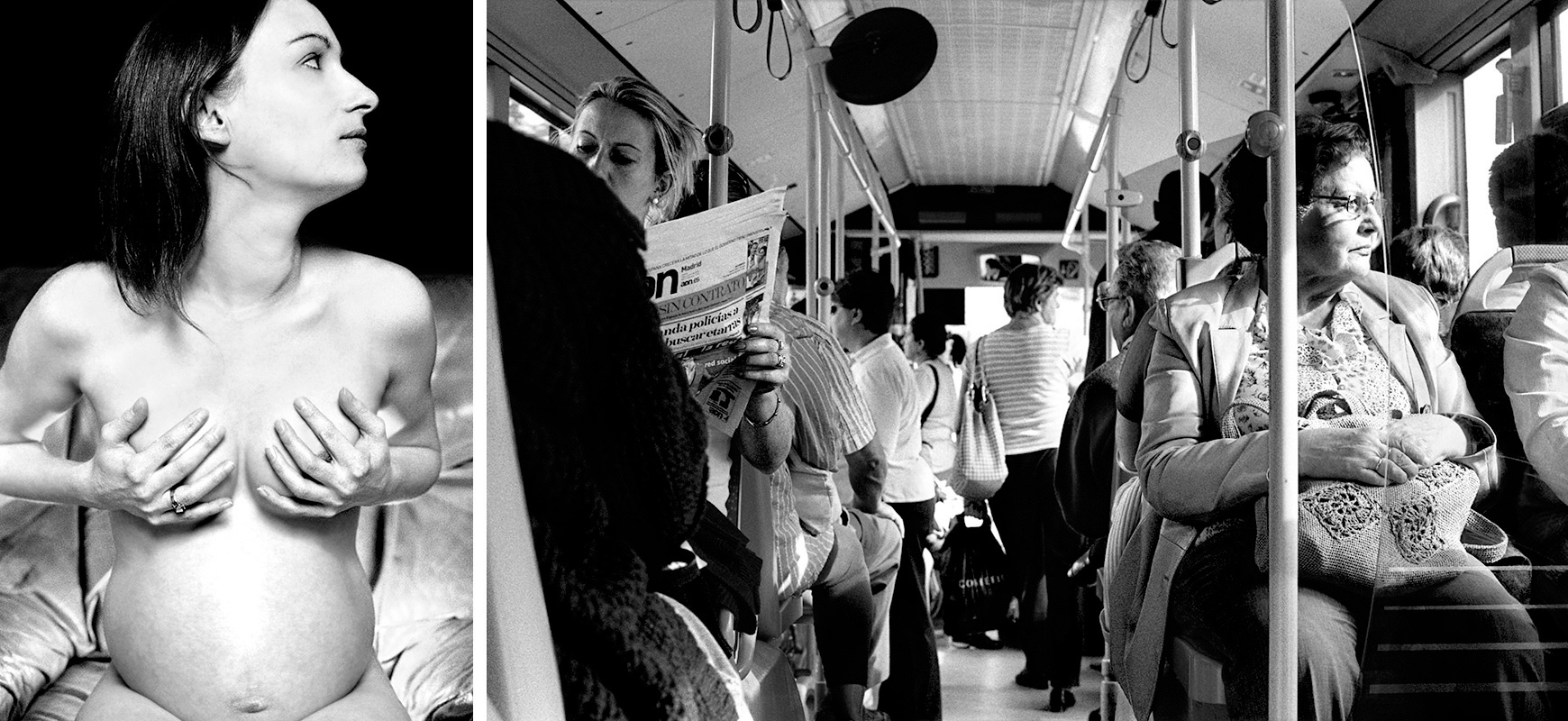 Woman covering her brest vs people reading newspaper in the bus