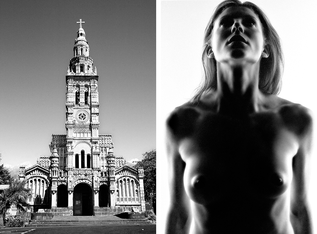 Nude woman standing up vs church at La Reunion